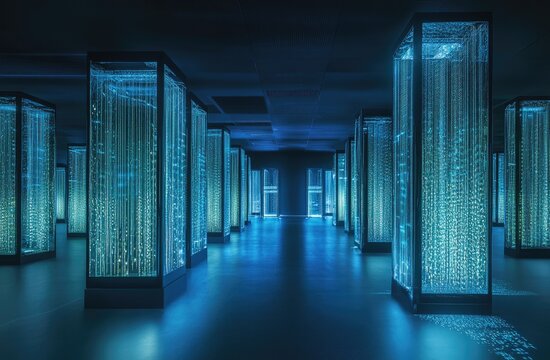 Dark server room displays digital data - Powered by Adobe