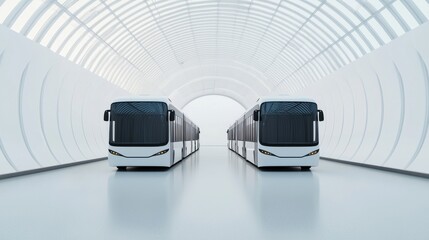 Naklejka premium Two electric buses in a modern, curved tunnel. The sleek, minimal design emphasizes advanced transportation technology in an urban setting.