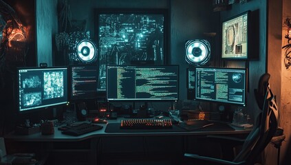 Obraz premium Cyberpunk Gamer's Setup: Advanced Coding Projects Illuminate a Nighttime Workstation with RGB Lighting.