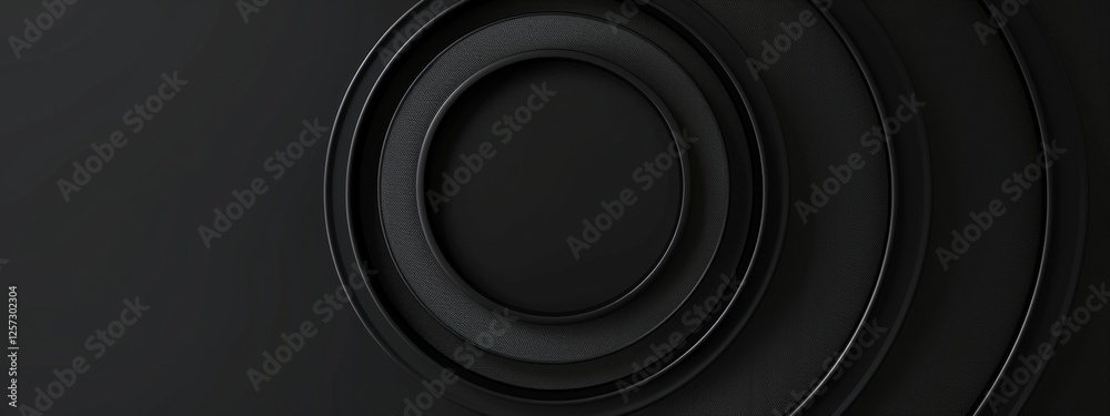 Wall mural black background with circular patterns and lines, banner template with white space for text. geomet