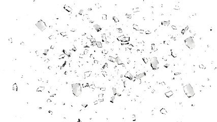 Smashed glass pieces, floating in mid-air, white background