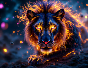 A majestic alien lion-like creature with bioluminescent fur and a cosmic mane, standing in an otherworldly landscape. A fusion of sci-fi and fantasy, radiating mystery and power.
