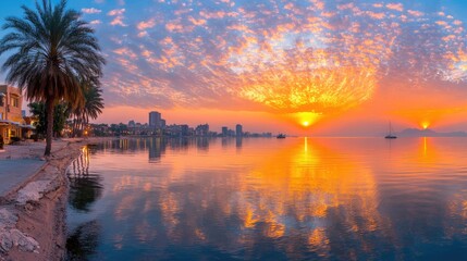 Obraz premium Coastal sunrise cityscape reflection, calm waters