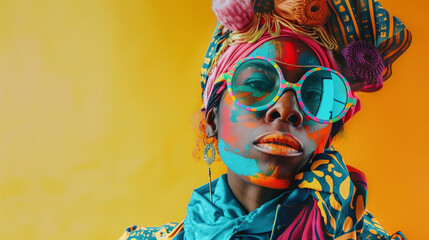 Naklejka premium A whimsical portrait of a person wearing eccentric, mismatched clothing, with a confident and joyful expression, embodying defiant optimism and individuality