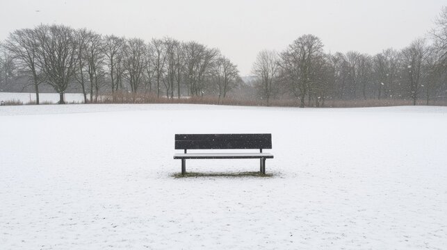 Snowy park bench, winter scene, tranquil landscape, solitude, nature photography