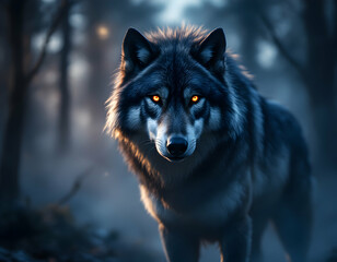 Alpha wolf with glowing red eyes in a misty moonlit forest, exuding power and dominance. A hyper-detailed AI-generated image with cinematic lighting and eerie atmosphere.
