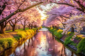 Full bloom cherry blossoms paint a serene anime river scene; soft bokeh, tranquil pink hues.