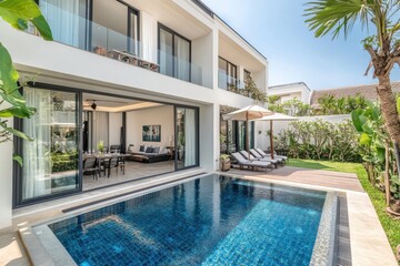 Fototapeta premium Modern Villa with Private Pool and Lush Garden in Sunny Setting