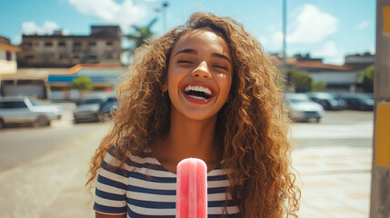 Gorgeous woman with long, curly hair, wearing a striped t-shirt, laughing and holding a pink ice-cream