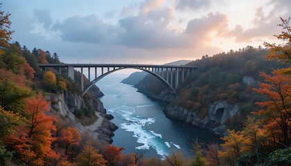 Fototapeta premium Stunning Autumn Landscape with Arch Bridge Over a River Valley
