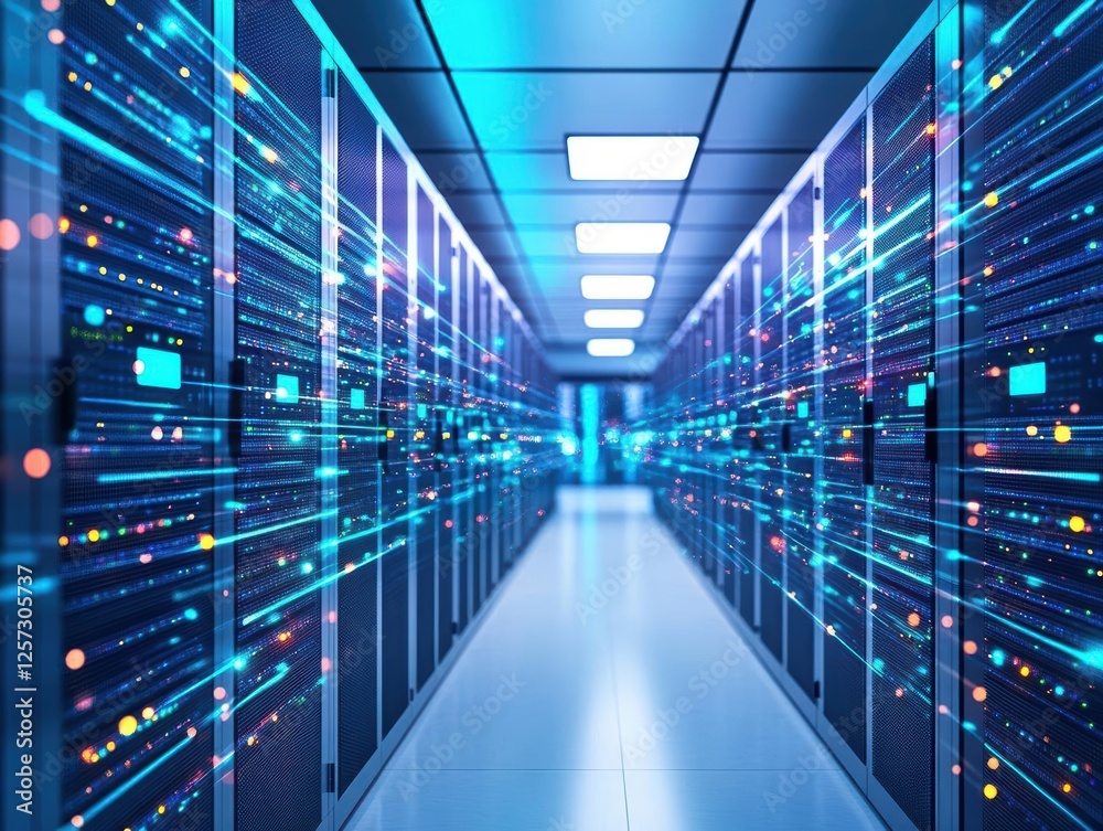 Poster Server in a data center room with multiple network connections and cooling equipment visible