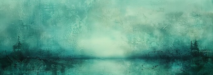 Abstract Teal Painting, Featuring A Serene Forest Reflected On Water. Evokes Peace And Tranquility.