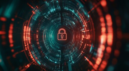 Obraz premium Digital security background with padlock icon on digital data stream in blurred motion