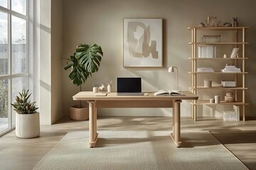 A modern home office with natural light, wooden tables, minimalist bookshelves and potting monsters, featuring abstract wall art in beige and white color schemes