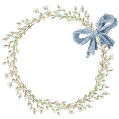 Watercolor illustration of willow wreath with blue bow. Ideal for romantic greeting cards, invitations to weddings or birthdays. Cosmetics, perfumes and home decor. Frame for websites or apps.