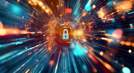 Digital security background with padlock icon on digital data stream in blurred motion