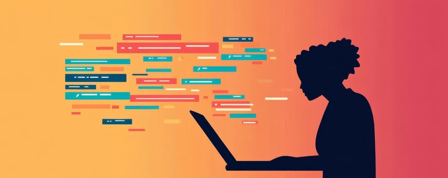 Silhouette of a coder working with floating abstract HTML, CSS, JavaScript snippets