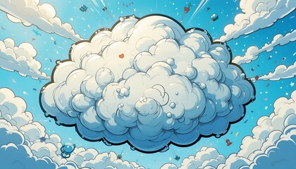 Cartoon Cloud Explosion in a Bright Blue Sky with Falling Gifts and Objects