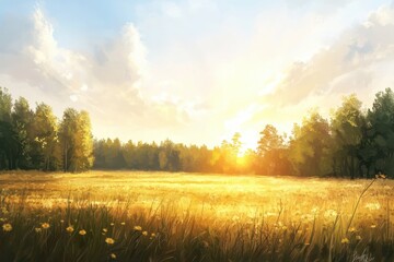 Obraz premium Serene Golden Meadow at Sunrise with Bright Blue Sky and Clouds