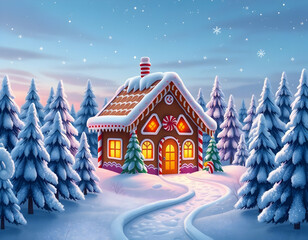 Naklejka premium Generative AI illustration of a whimsical gingerbread house nestled in a snowy winter forest. A magical and festive design perfect for holiday themes, greeting cards, and creative projects. 