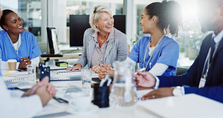 Administration, healthcare and laughing with hospital manager speaking to staff for medical...