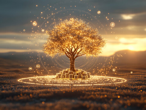 3D Illustration - Golden Tree of Prosperity, Wealth, and Abundance at Sunset