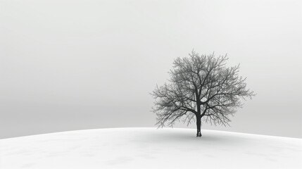 Fototapeta premium A tree on a white background, surrounded by snow, creating a peaceful, serene winter scene with a minimalist aesthetic.
