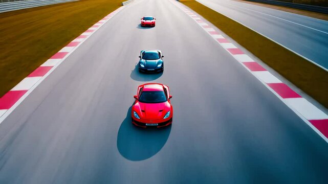 Red sports car leading a row of cars on a racetrack