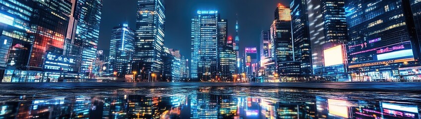 Night Cityscapes: Skyscrapers Reflect in Puddles, Neon Lights Illuminate Urban Scene at Night