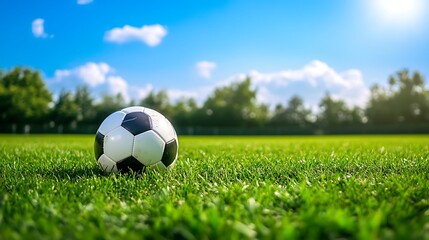 Fototapeta premium Soccer Ball on Green Grass Field Under Sunny Sky