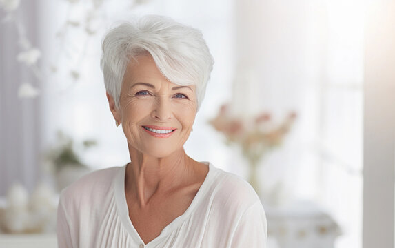 Portrait of a beautiful smiling elderly woman against the background of white liwing room