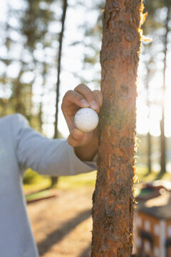 Closeup view man holding mini golf ball at hand outside in forest