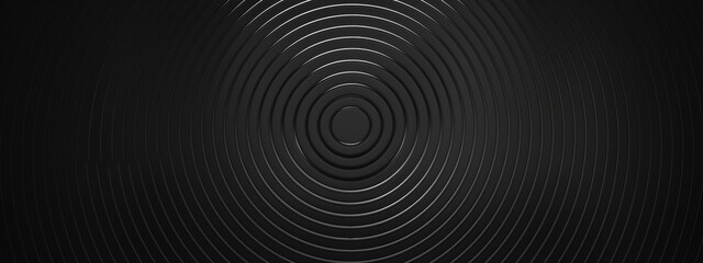 Black Background with Concentric Circles and Lines, Banner Template with White Space for Text. Abstract Minimalist Wallpaper with Copy Space on Black Background. Modern Wallpaper.