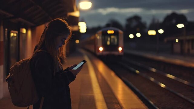 A young woman in a warm winter coat stands on a train platform in the evening, focused on her smartphone. The soft glow of station lights and the blurred motion of a passing train create a moody 