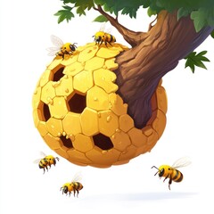 Fototapeta premium Honeycomb ball hive on a tree branch. Bees flying around. Decorative illustration