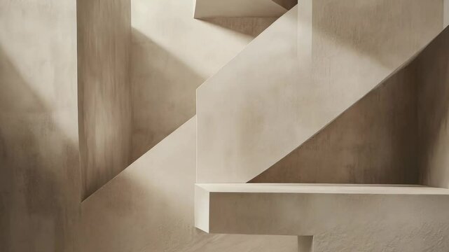 A sophisticated abstract composition featuring geometric architectural forms in soft, neutral tones. The interplay of light and shadow creates depth and dimension, evoking a sense of balance