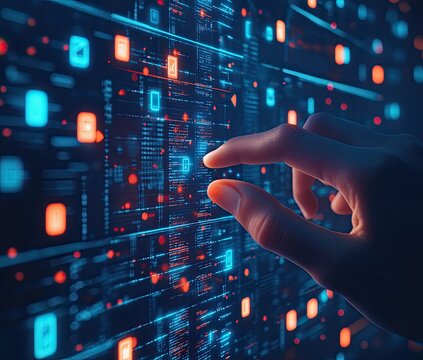 Hand interacts with digital data stream on futuristic screen