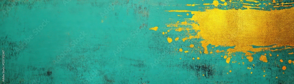 Poster Green and gold background with a gold paint stroke creating an artistic texture and pattern