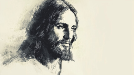 Fototapeta premium A minimalist sketch-style portrait of Jesus, His face illuminated by soft light, capturing His calm expression and serene presence, with minimal background detail for a simple, elegant look.