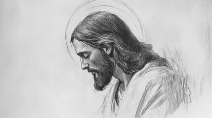 A pencil sketch of Jesus in a contemplative posture, head bowed slightly, with a soft halo around His head. The soft shading creates a peaceful, humble image with minimal background detail.