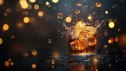 Ice Cubes Splashing into Amber Liquid: A Golden Drink, Sparkling Celebration