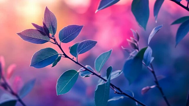 dreamy nature background, tree branch in blue pink tone color