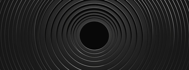 Obraz premium Abstract circular pattern with concentric circles on a minimalist black background. Banner template with white space for text, suitable for modern and professional design applications.