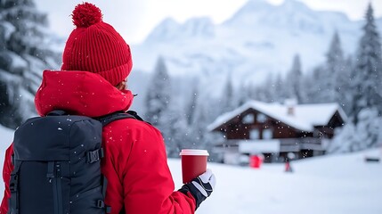Woman Enjoying Winter Scenery With Coffee In Mountains
