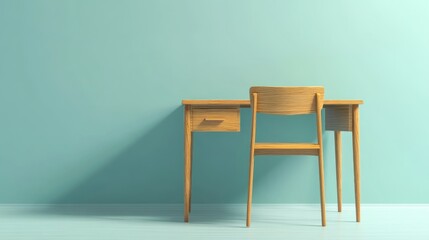 Minimalist wooden desk and chair in light blue room
