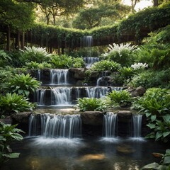 Naklejka premium A garden oasis with cascading waterfalls and lush greenery in soft white light.