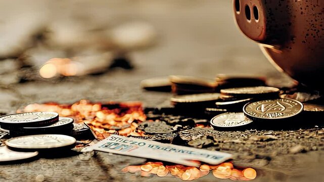 Piggy Bank Surrounded by Coins and Cash Savings, vertical video