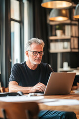 Fototapeta premium Senior man working on laptop in modern cafe during daytime with warm interior lighting