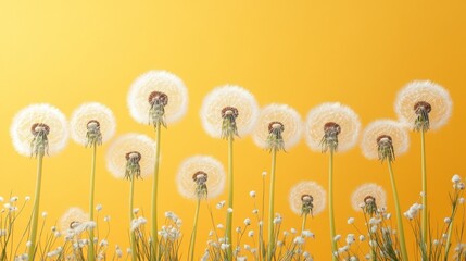 Fototapeta premium Group of fluffy dandelions gracefully standing against a bright yellow backdrop