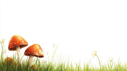 Lively Red Mushrooms with Green Grass and Delicate Flowers on a Bright White Background